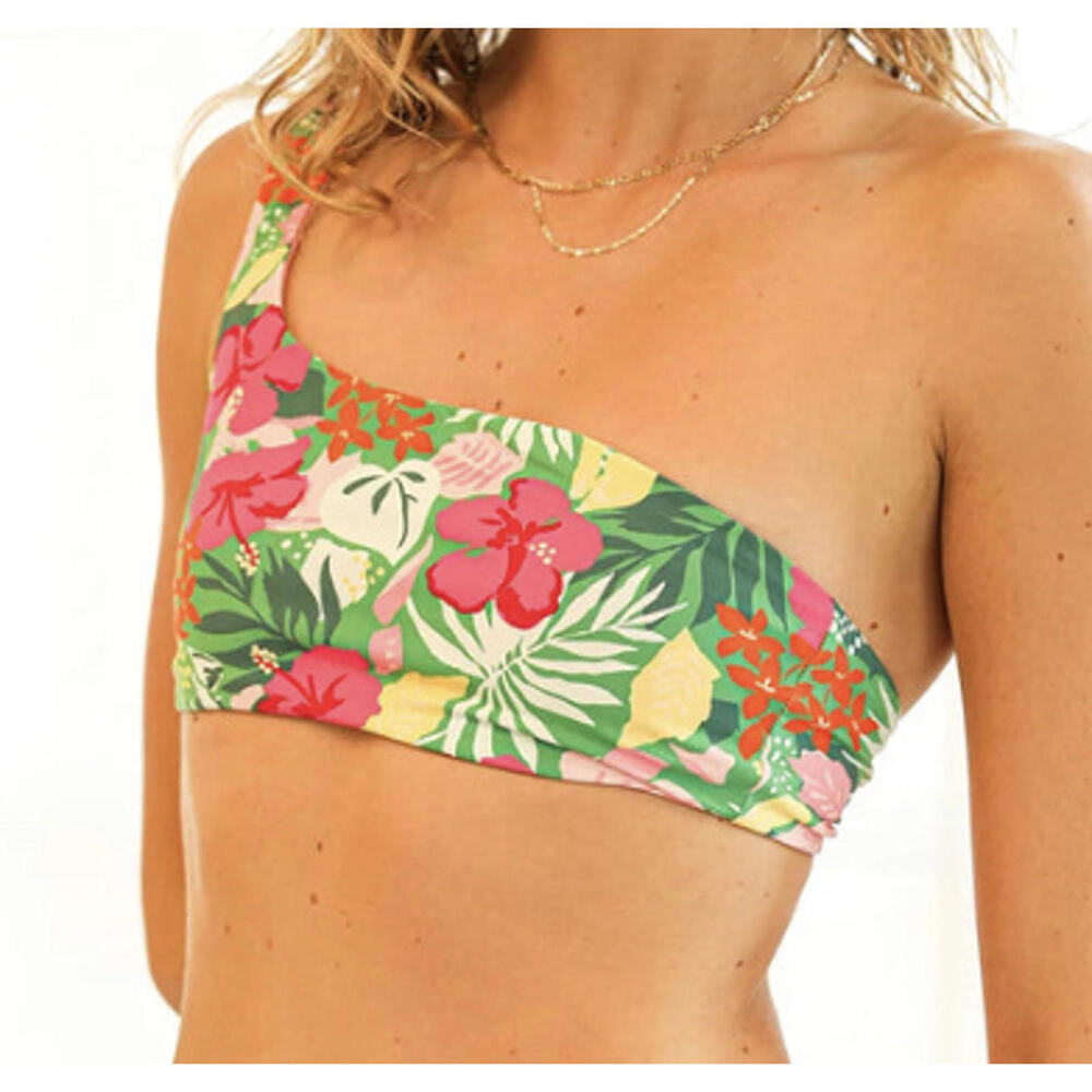 DIPPIN DAISYS green pink floral one shoulder bikini top sz S
